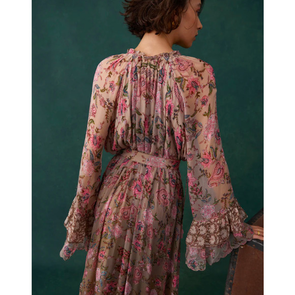 Hemant & Nandita Fara Paisley Floral  Pink & Tan Boho Tie Waist Dress M - Picture 5 of 12